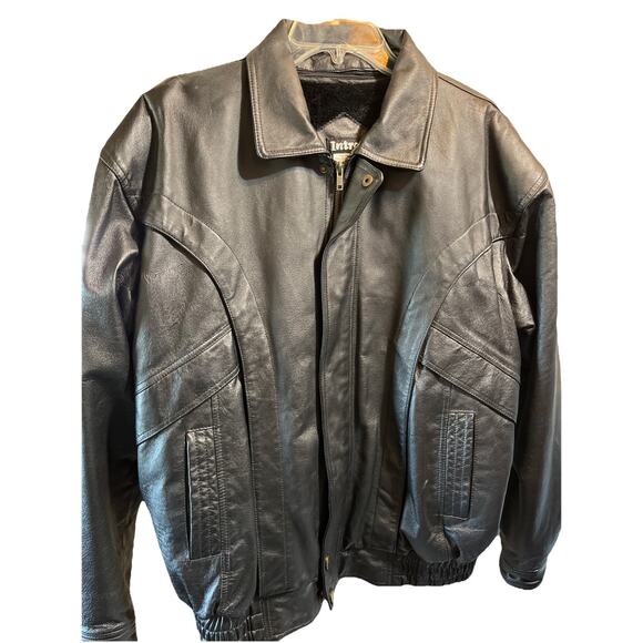 Intro Men’s Bomber Leather Jacket Size XL Y2K Vintage Black Long Sleeve Full Zip - Picture 1 of 10